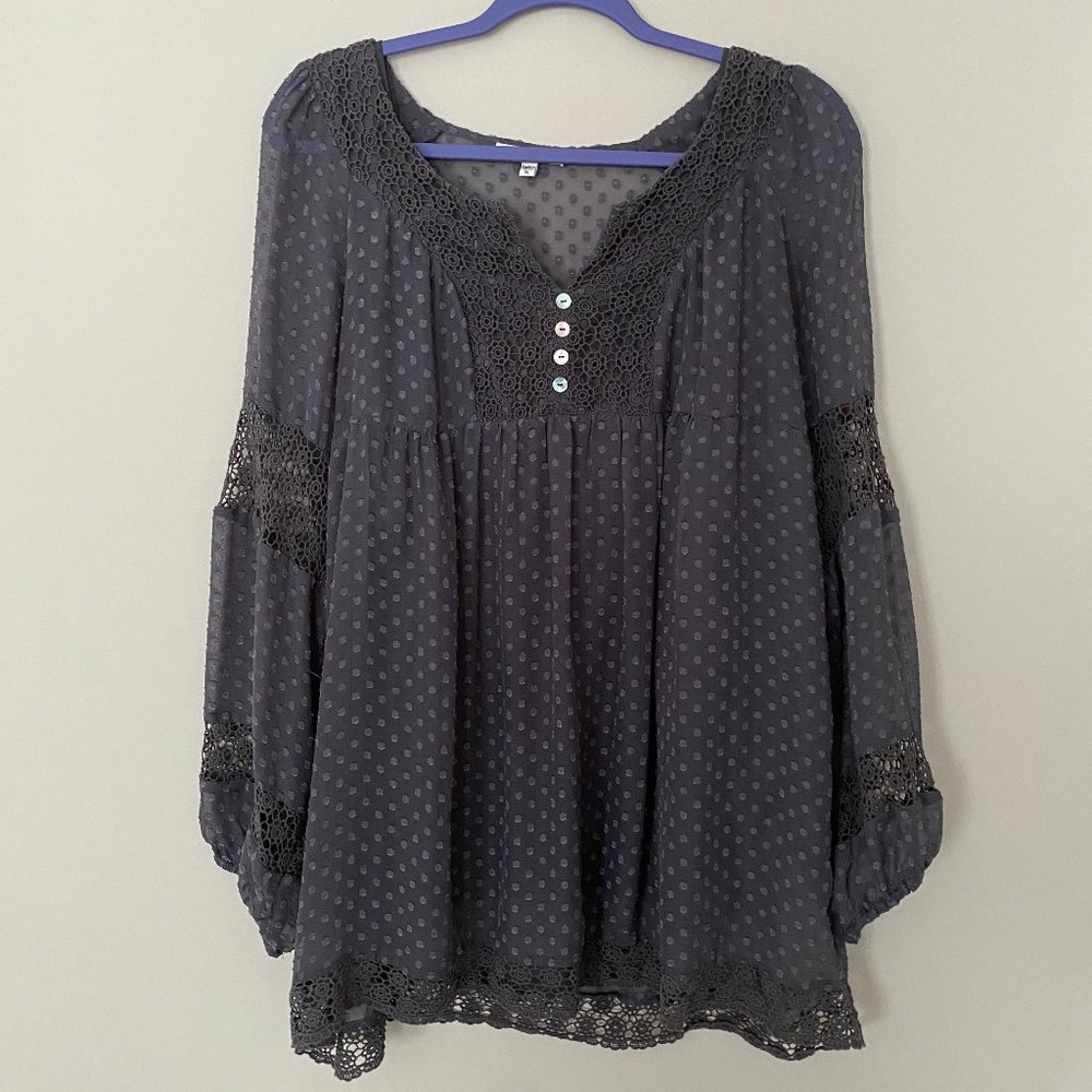 long sleeved dark gray top with lace accents
